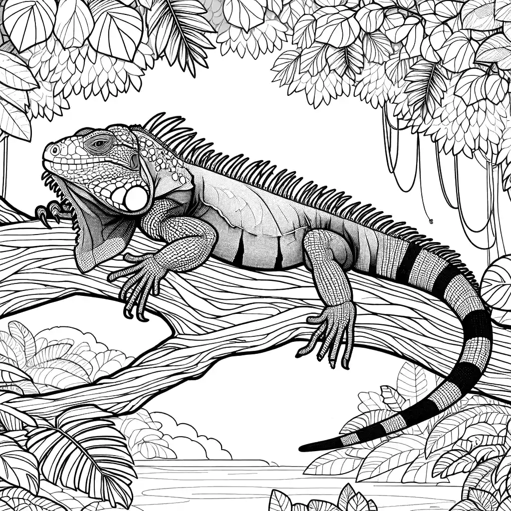Iguana resting on a tree branch in the jungle coloring page