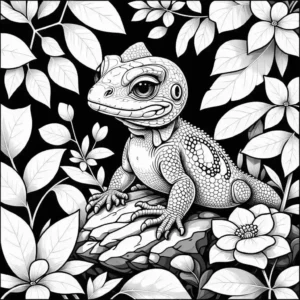 Adorable lizard coloring page with leaves and flowers coloring page