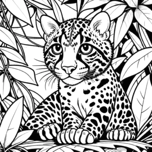 Adorable ocelot sitting in lush jungle environment, perfect for coloring activities coloring page