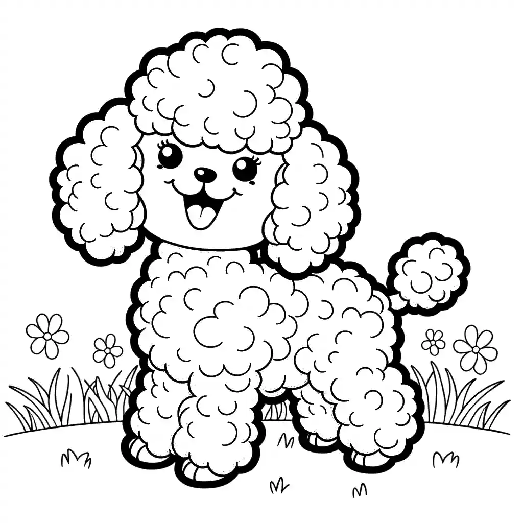 Adorable poodle dog standing on green grass field coloring page