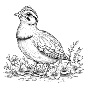 Quail bird coloring page with flowers and leaves coloring page