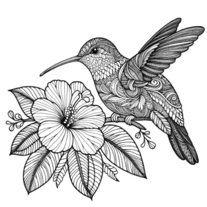 Hummingbird perched on a flower with intricate wing patterns coloring page