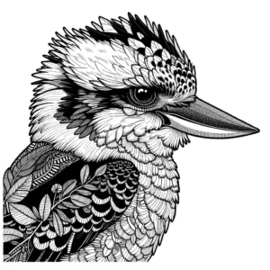 Close-up of a Kookaburra bird showcasing intricate feather details with natural habitat background coloring page