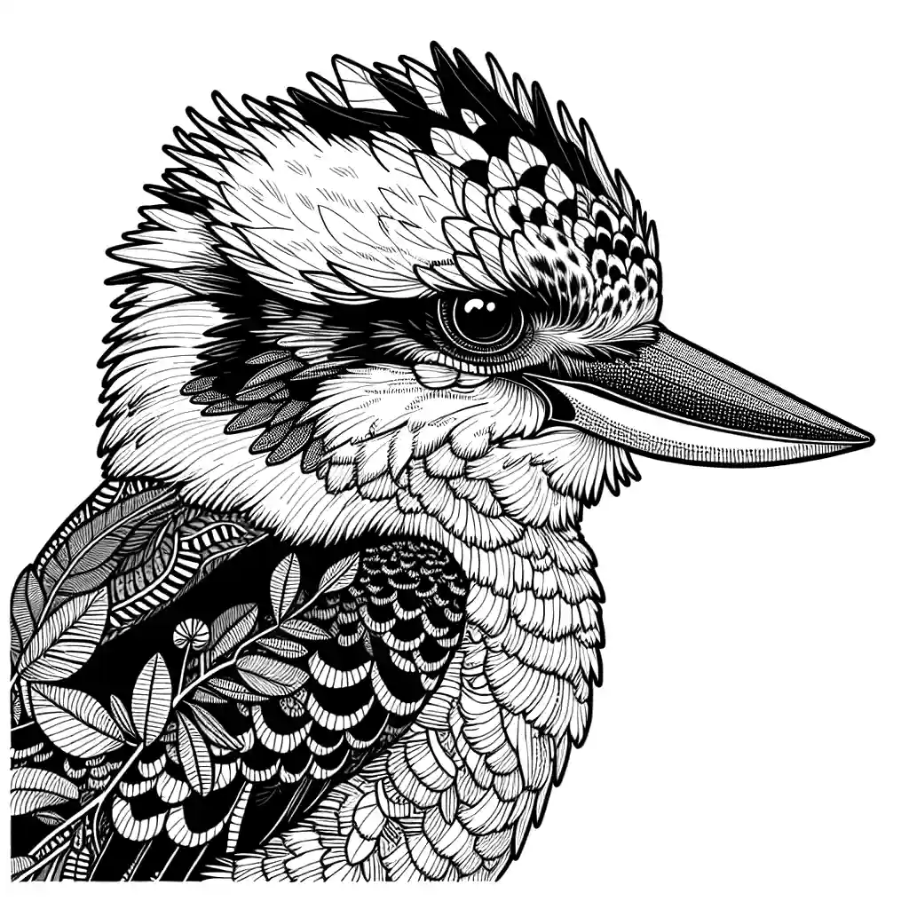Close-up of a Kookaburra bird showcasing intricate feather details with natural habitat background coloring page