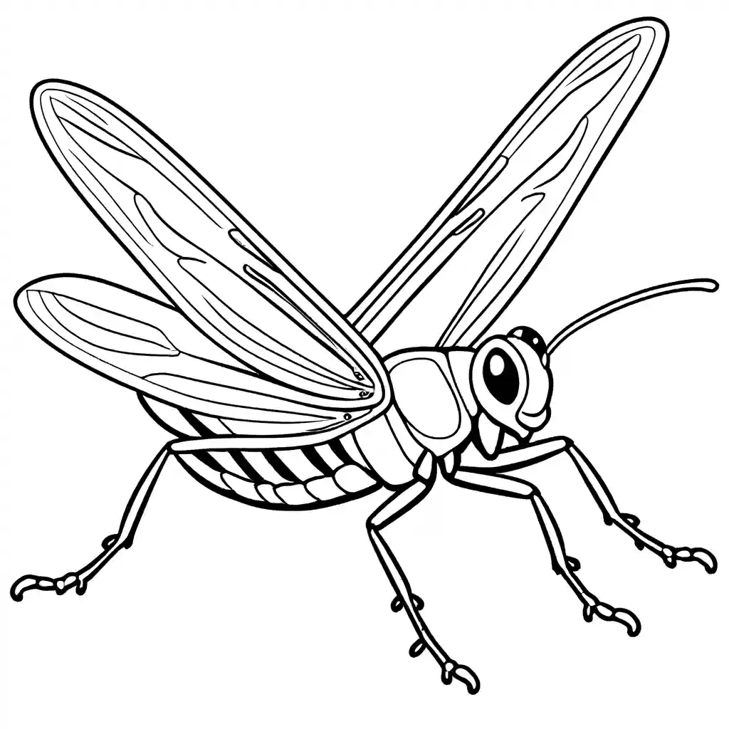 Detailed line art of a grasshopper with wings spread for coloring page