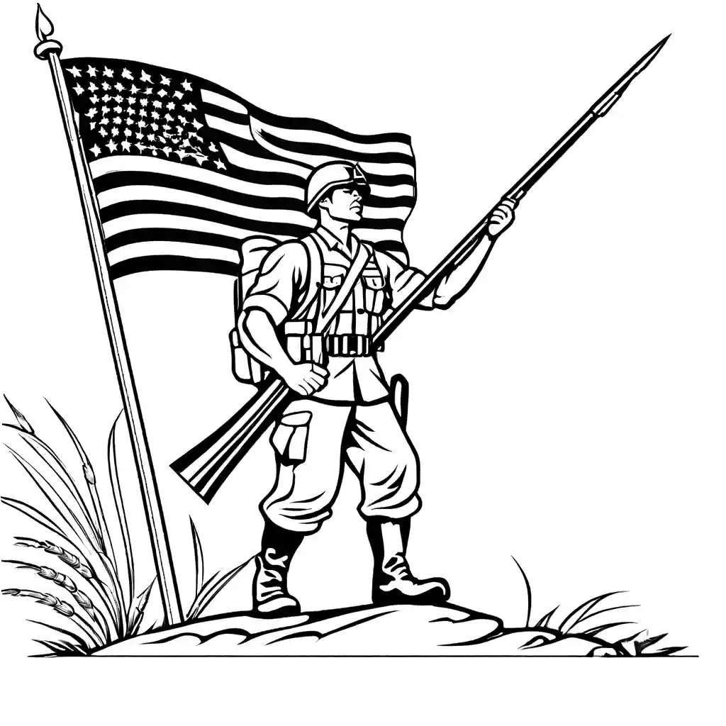 Soldier raising USA flag coloring page