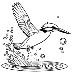 Kingfisher coloring page diving into water with bubbles coloring page