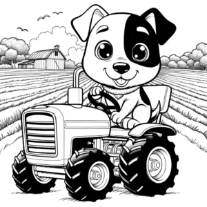 Dog sitting on a tractor in a farm field coloring page