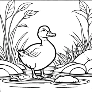 Cute duckling sitting near a babbling brook surrounded by vibrant autumn leaves coloring page