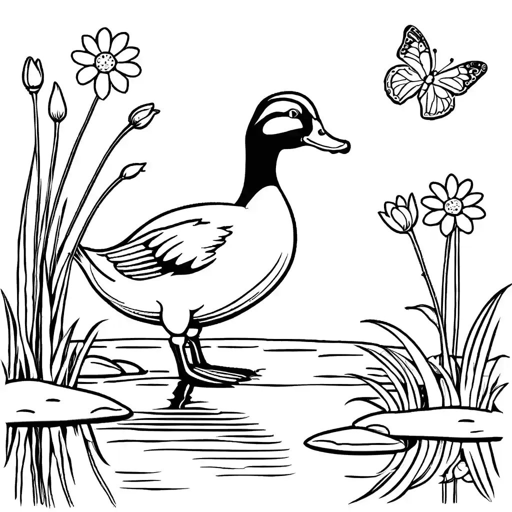 Duckling waddling on the river bank with colorful flowers and a butterfly coloring page