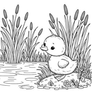 Adorable duckling sitting by the pond with reeds in the background. coloring page