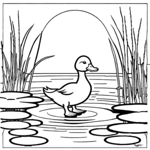 Cute duckling standing in a pond with sun shining in the background coloring page