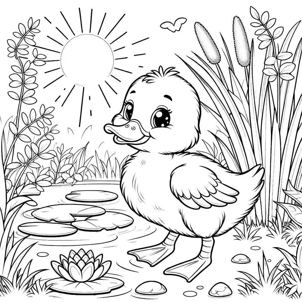 Adorable duckling standing near a pond with reeds and lily pads on a sunny day coloring page