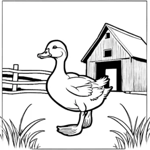 Young duckling with ribbon standing in front of a barn coloring page
