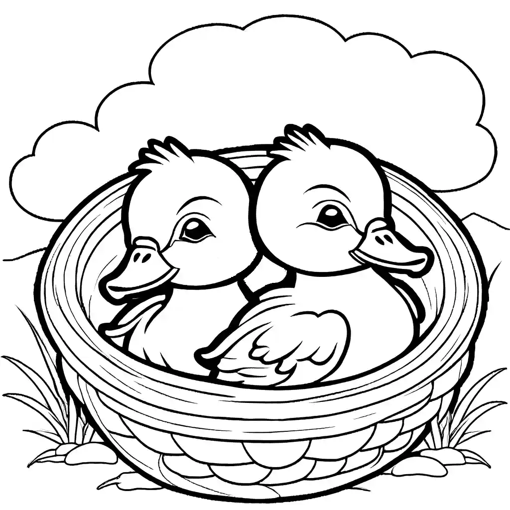 Pair of ducklings cuddling in a nest with blue sky and puffy white clouds coloring page
