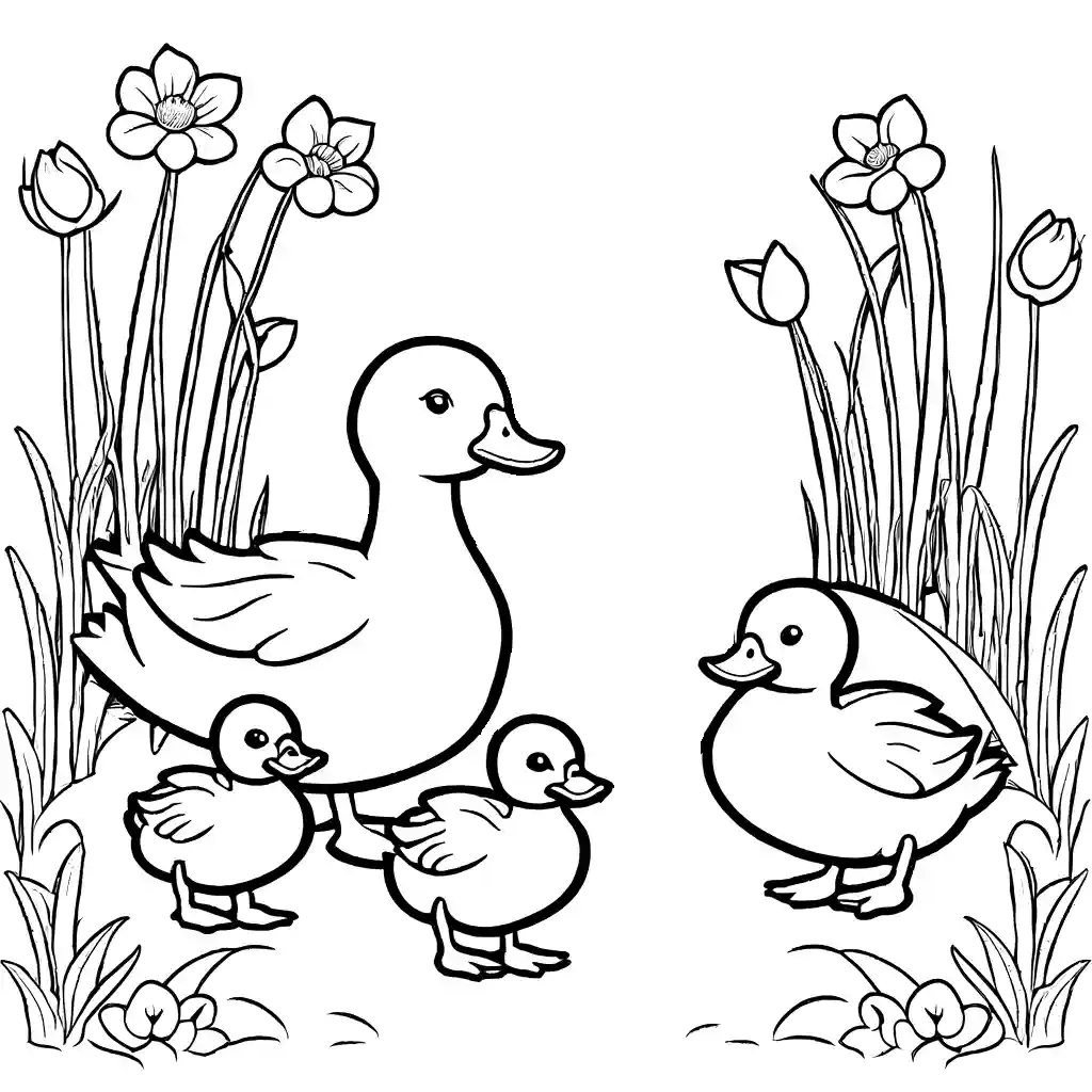Group of fluffy ducklings following their mother in a blooming garden coloring page