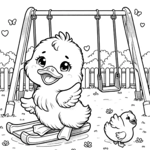 Ducklings playing in the playground with a seesaw, slide, and swings coloring page