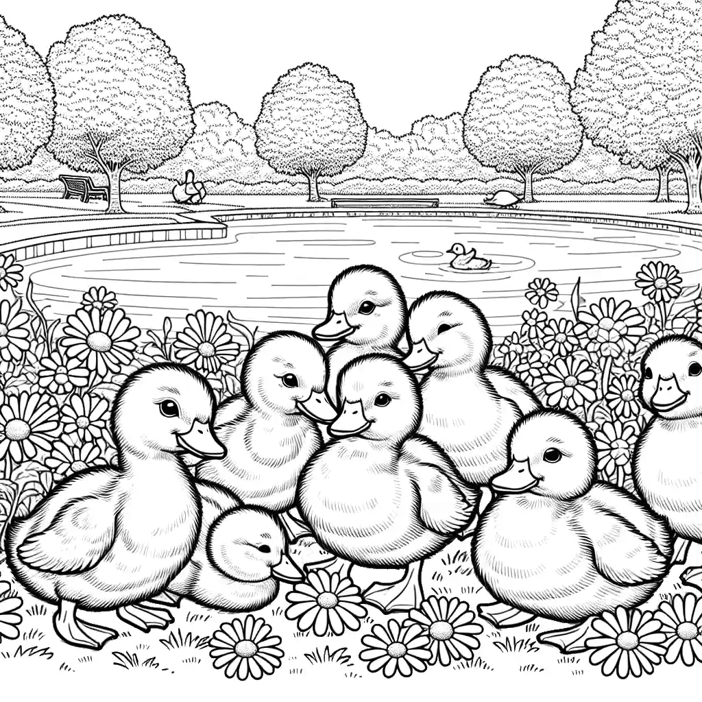 Ducklings in the park near the pond on a sunny day coloring page