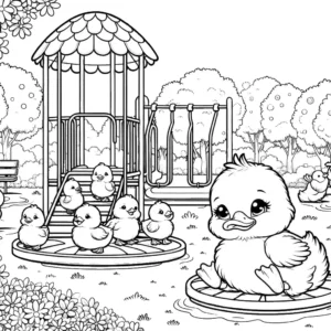 Adorable ducklings having fun on the playground at the park coloring page