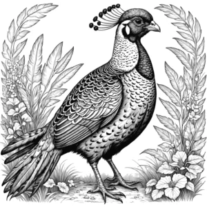 Detailed coloring page of a pheasant with elegant feathers coloring page