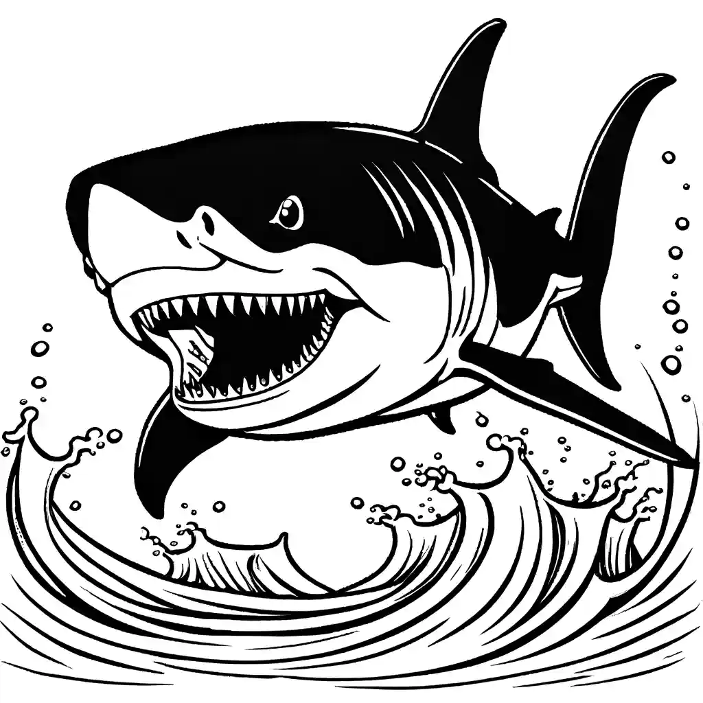 Megalodon shark emerging from water with splashing coloring page