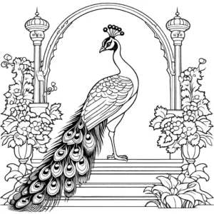 Peacock in garden coloring page