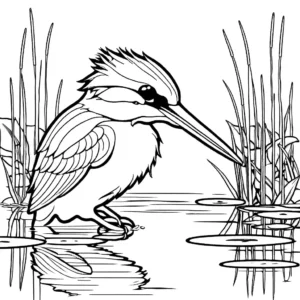Enchanting Kingfisher coloring page with reeds and water lilies coloring page