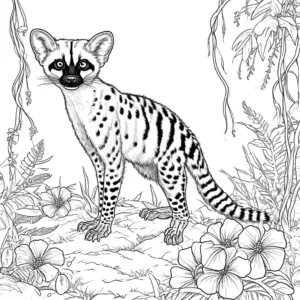 Genet coloring page with cute animal exploring in the jungle with vines and exotic flowers in the background coloring page