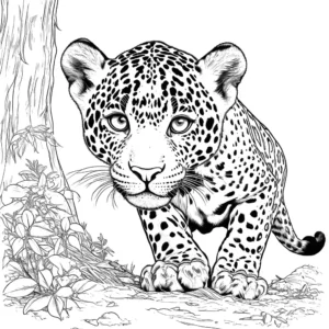 Playful Jaguar cub exploring natural habitat coloring page