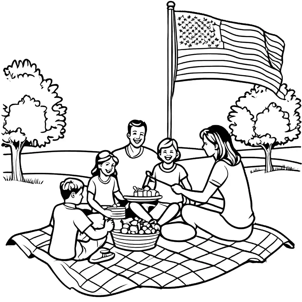 Family enjoying a picnic with American flag in the background coloring page