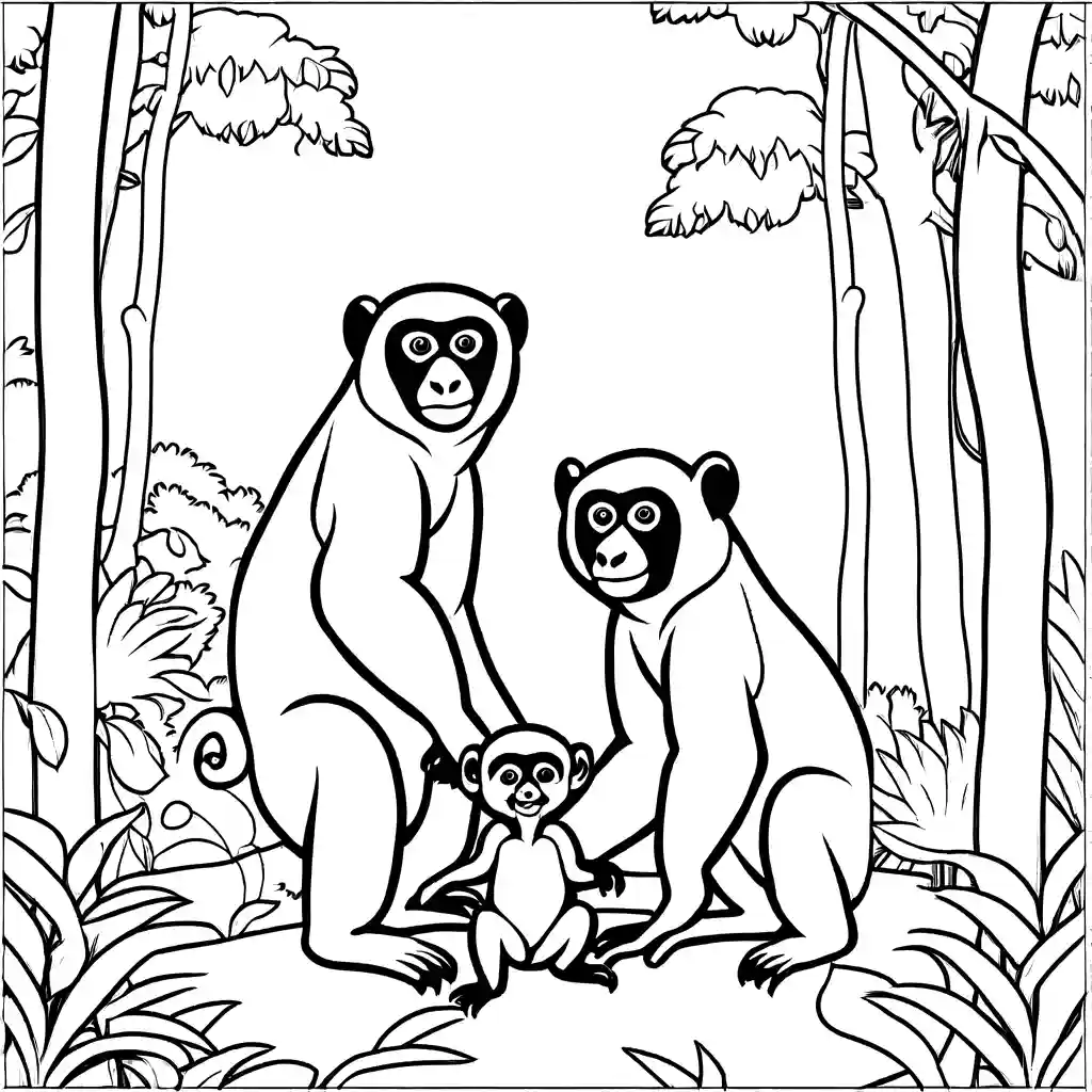 Gibbon coloring page depicting family playing in the forest coloring page