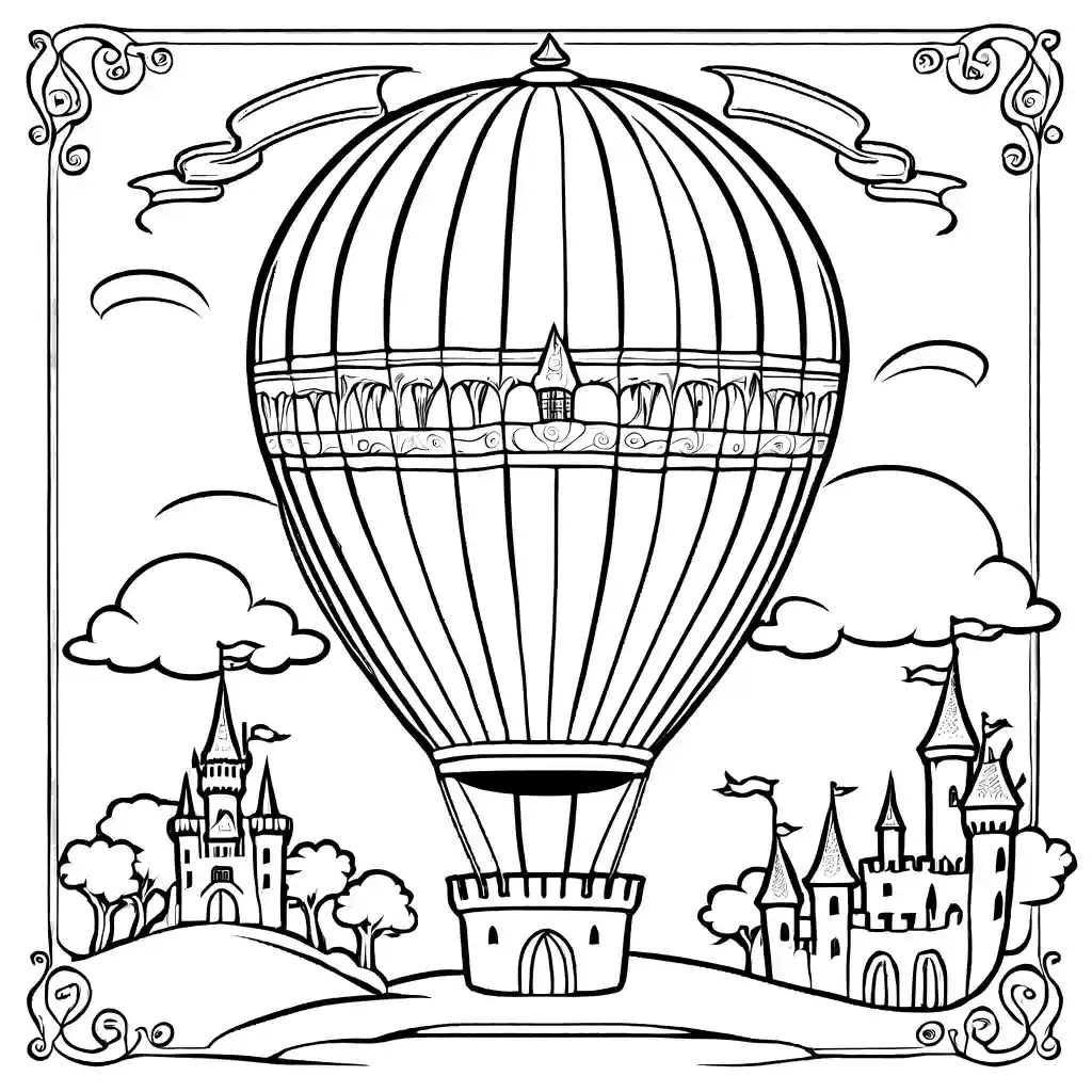 Fantasy hot air balloon with fairytale elements such as castle turrets, unicorns, and dragons in the sky coloring page