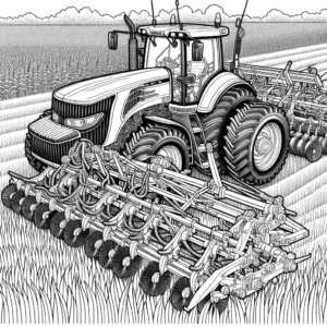 Detailed drawing of a farm tractor with plow attachments in a field coloring page
