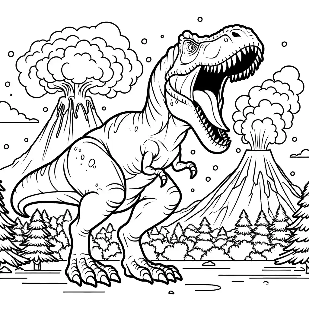 T Rex Dinosaur Coloring Page, Roaring Dinosaur with Volcano coloring page