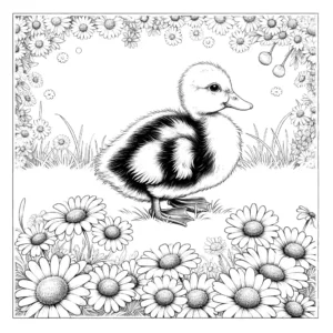 Fluffy duckling waddling in a grassy meadow with daisies and a clear blue sky coloring page