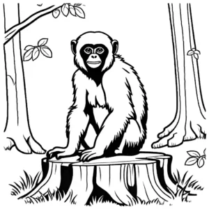 Gibbon coloring page with fluffy fur sitting on tree stump coloring page
