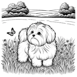 Fluffy Maltese dog standing on grass with butterfly coloring page