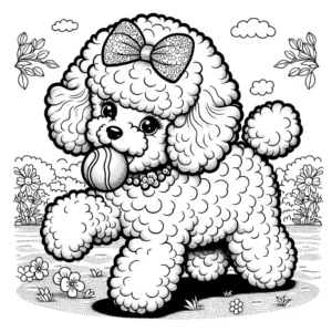 Fluffy poodle dog with a bow running in the park holding a tennis ball coloring page