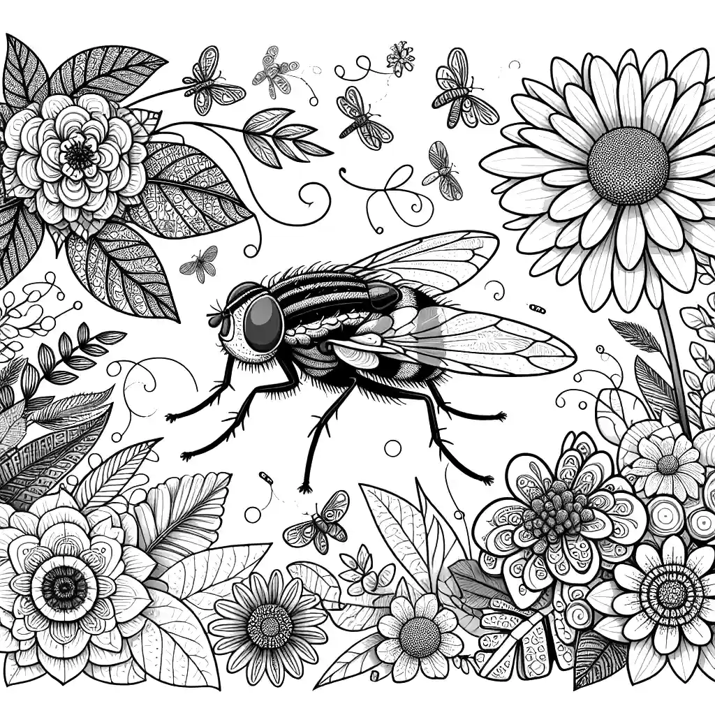 Illustration of a fly in natural setting for coloring page