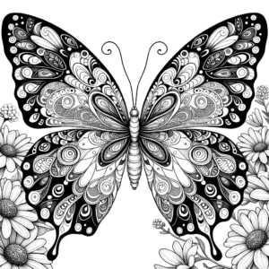Butterfly flying with intricate wing patterns in garden coloring page