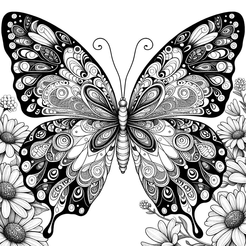 Butterfly flying with intricate wing patterns in garden coloring page