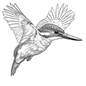 Kingfisher bird coloring page in flight with wings spread coloring page