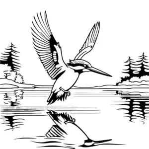 Artistic Kingfisher coloring page with lake reflection coloring page