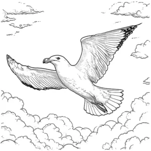 Seagull soaring in the sky with clouds in the background coloring page