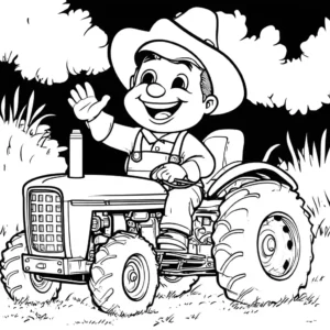 Cheerful farmer on tractor waving in a coloring page