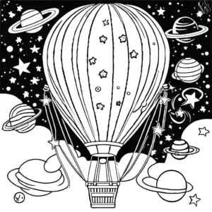 Hot air balloon with galaxy space theme featuring stars, planets, and cosmic elements coloring page