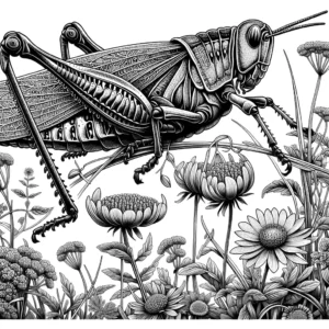 Grasshopper coloring page in a garden scene coloring page