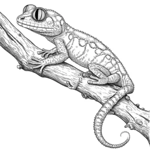 Gecko resting on a tree branch coloring page