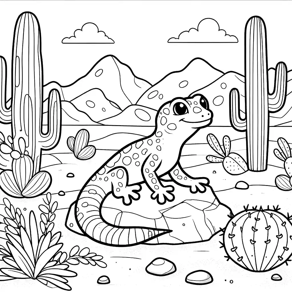 Gecko coloring page with cacti and sand desert landscape coloring page