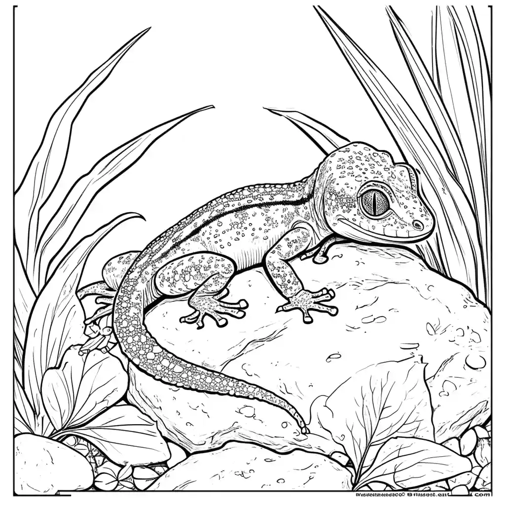 Gecko hiding among leaves and rocks coloring page